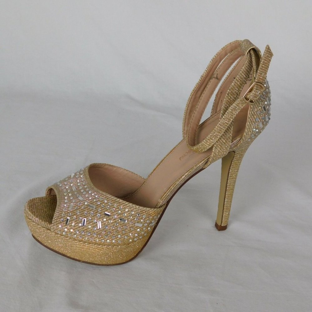 Fashion Focus Women Size 10 Gold Colored Rhinestone Peep Toe 5" Heel 1.5" Platfo - Picture 2 of 12
